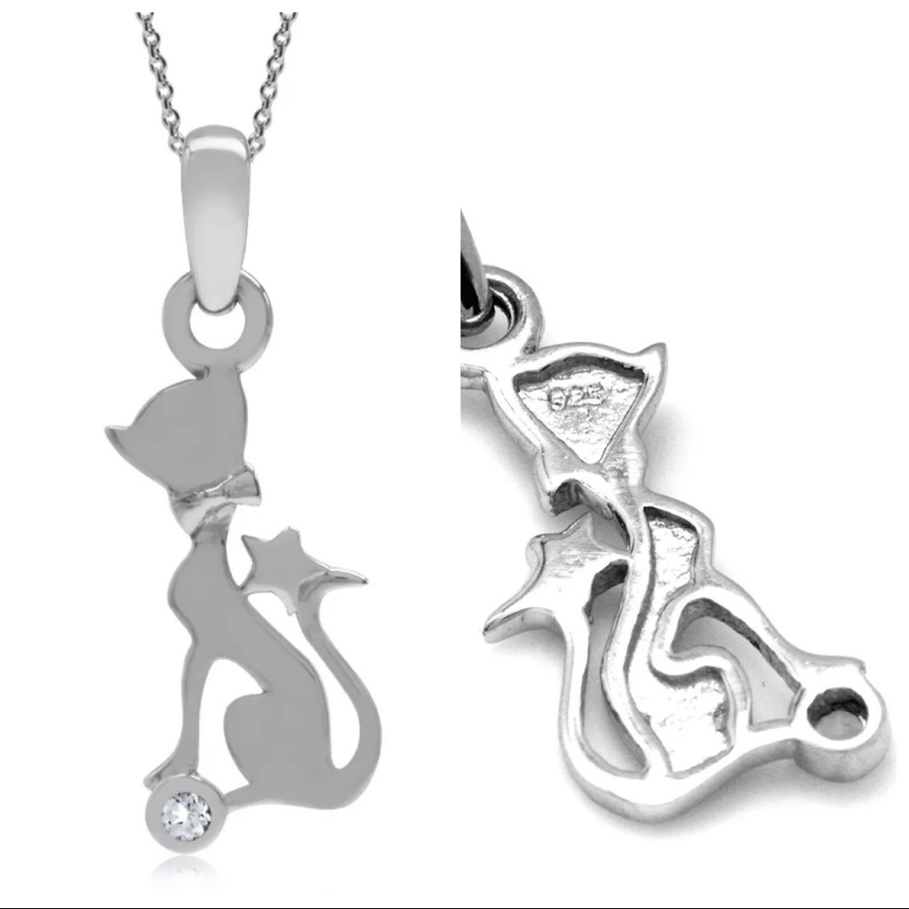 Sterling Silver .925K Cat w Bow Star Pendant